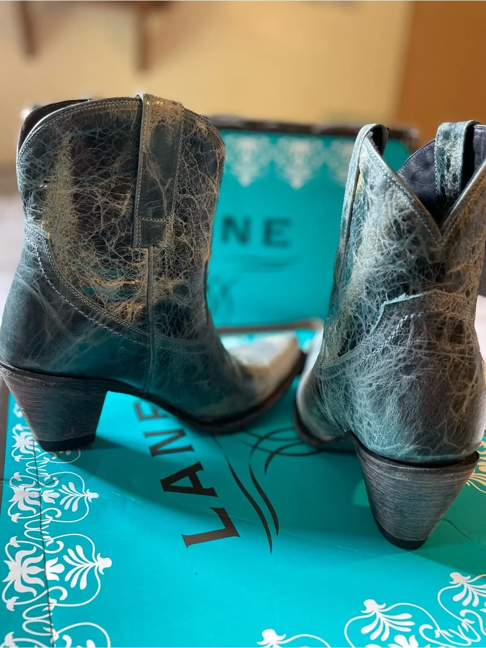 LANE Women's Teal Distressed Leather Western Ankle Boots